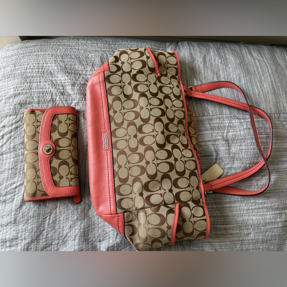 Coach Brown and Peach Shoulder Bag with Signature Monogram